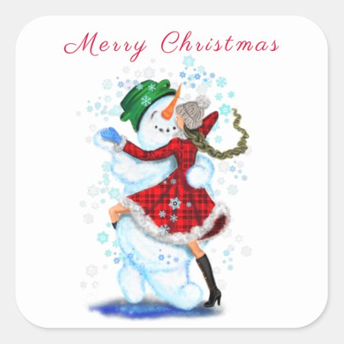 Happy Snowman and Girl Dance Tango Christmas Party Square Sticker