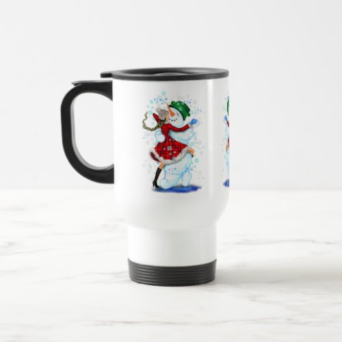 Happy Snowman and Girl Dance Tango Christmas Party Travel Mug