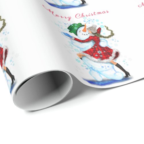 Happy Snowman and Girl Dance Tango Christmas Party Wrapping Paper