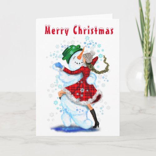 Happy Snowman and Girl Dance Tango Merry Christmas Card