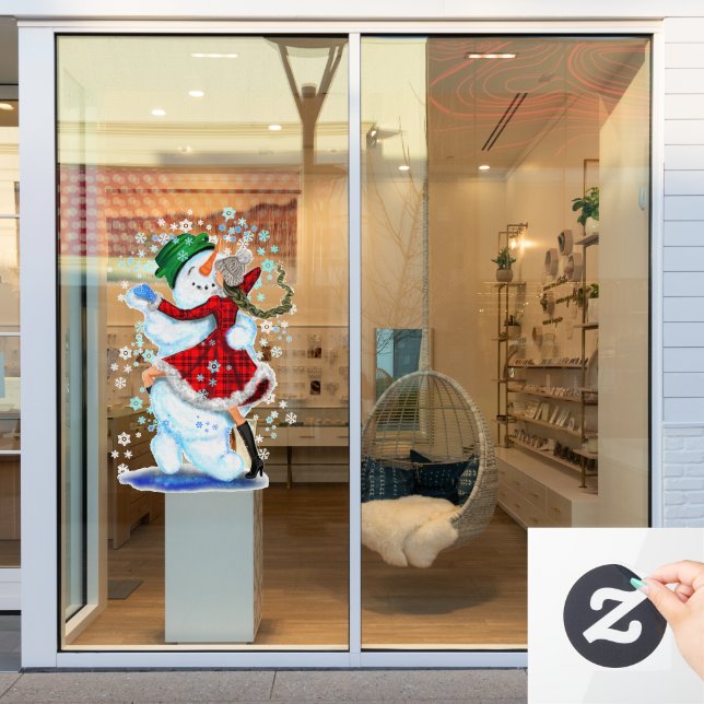Happy Snowman and Girl Dance Tango Merry Christmas Window Cling (Store Window)