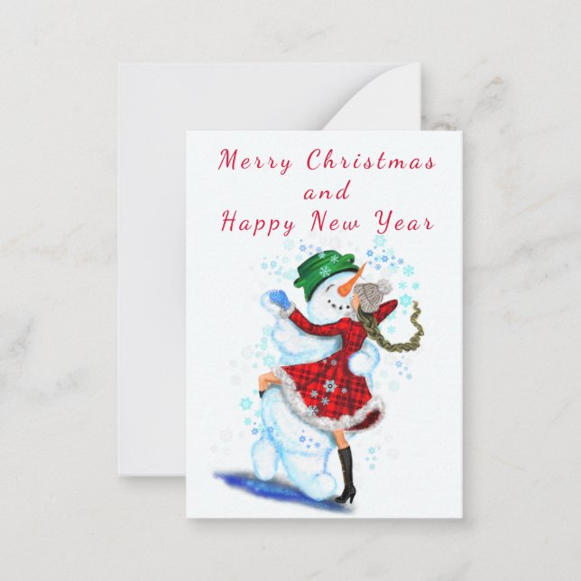 Happy Snowman and Girl Dancers Christmas New Year Note Card (Front)