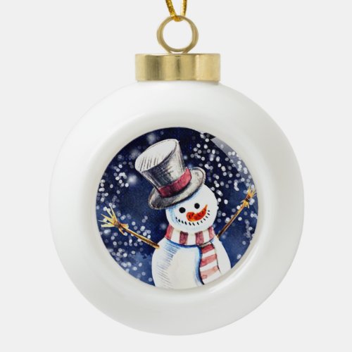 Happy Snowman Art Ceramic Ball Christmas Ornament
