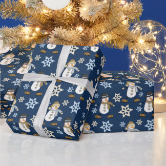Happy Snowman Blue Christmas Wrapping Paper