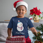 Happy Snowman Blue Personalized Boys Name T-Shirt<br><div class="desc">Adorable Christmas navy blue holiday shirt features a jolly snowman in a winter hat and scarf in festive holiday shades of blue and red.  Personalize with custom text for child's first name.</div>