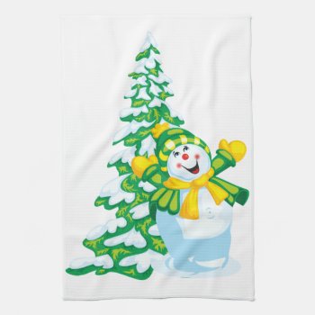 Happy Snowman Cartoon Kitchen Towel by ChristmaSpirit at Zazzle