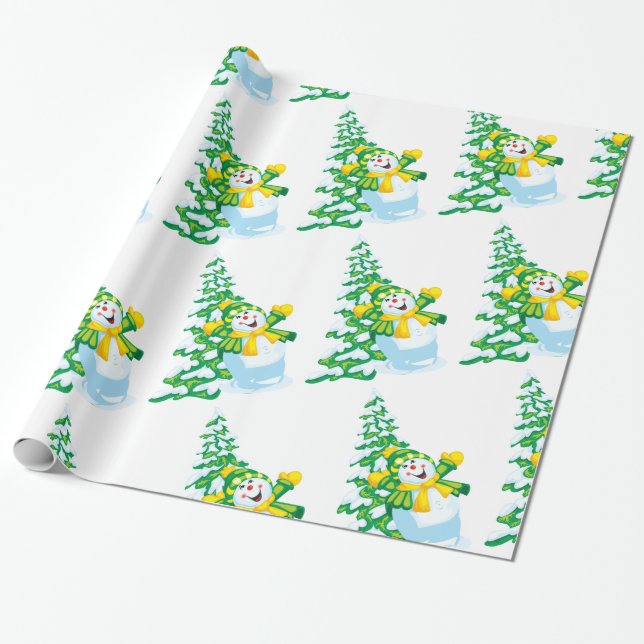 Happy Snowman Cartoon Wrapping Paper (Unrolled)