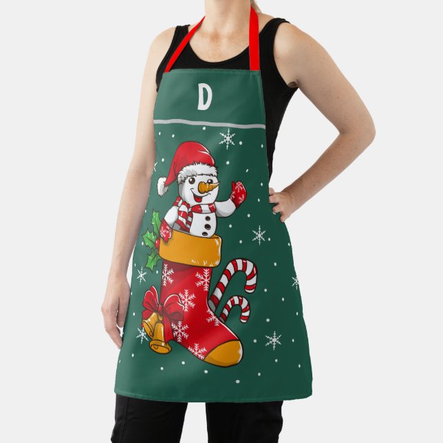 Happy Snowman Christmas Custom Monogrammed Apron (Insitu)