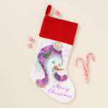 Happy Snowman Christmas Stocking<br><div class="desc">Christmas Stockings with Happy Snowman In Purple Pink Beanie Winter Hat Fun Christmas Painting Collection - or Choose / Add Your Unique Text / Name / Color - Make Your Special Christmas Stocking Gift - Resize and move or remove / add elements - image / text with customization tool. Painting...</div>