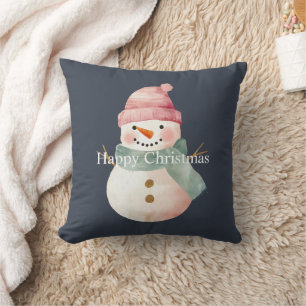 Happy Snowman Christmas Throw Pillow