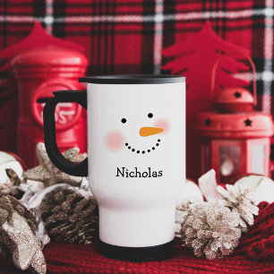 Happy Snowman Face Custom Name Travel Mug