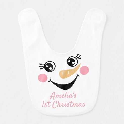 Happy Snowman Face Girl First Christmas Baby Bib