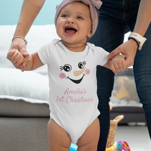 Happy Snowman Face Girl First Christmas Baby Bodysuit