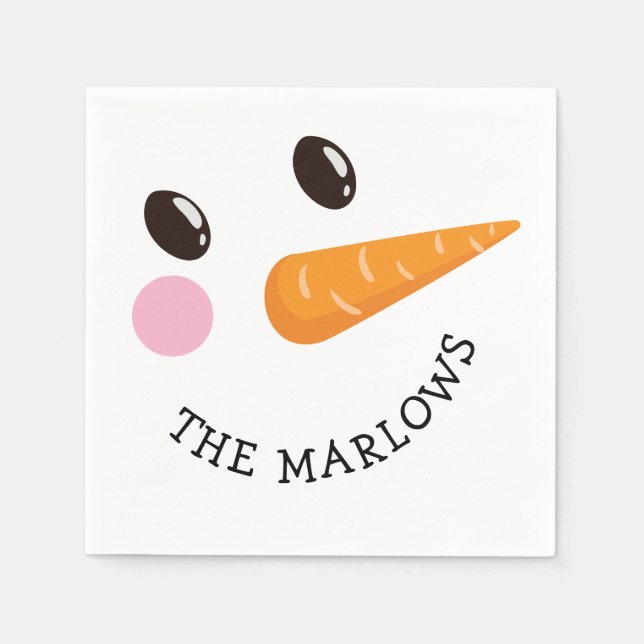 Happy Snowman Face Personalized Family Name Winter Napkins (Front)