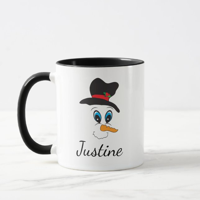 Happy Snowman Face Personalized Name Christmas Mug (Left)