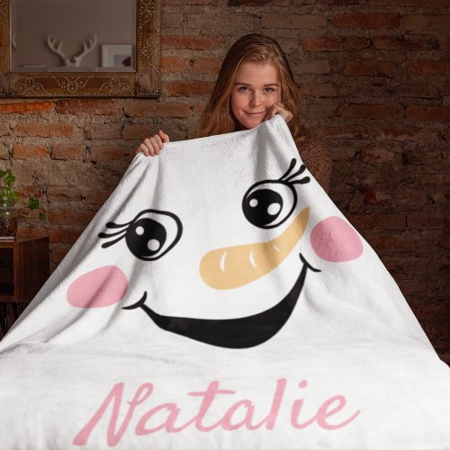 Happy Snowman Face Personalized Name Holiday  Fleece Blanket