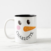 Happy Snowman Face Personalized Name Holiday Gift Two-Tone Coffee Mug (Left)