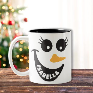 Happy Snowman Face Personalized Name Holiday Gift Two-Tone Coffee Mug