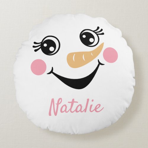 Happy Snowman Face Personalized Name Holiday Round Pillow