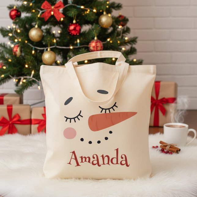 Happy Snowman Face Personalized Name Holiday Tote Bag (Happy Snowman Face Personalized Name Holiday Tote Bag - Just Add Your Name!)