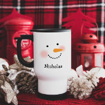 Happy Snowman Face Personalized Name Holiday Travel Mug<br><div class="desc">Cute holiday coffee or hot cocoa travel mug features a happy winter snowman face with warm rosy cheeks,  carrot nose,  eyes and smile made of coal. Snow white,  black,  and orange design colors. Personalize with a name or other custom text.</div>