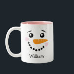 Happy Snowman Face Personalized Name Holiday Two-Tone Coffee Mug<br><div class="desc">Cute holiday coffee or hot cocoa mug features a happy winter snowman (snow lady) girl face with warm rosy cheeks, carrot nose, eyes with pretty eyelashes, and smile made of coal. Snow white, black, pink and orange design colors. Personalize this winter seasonal mug with a first name or other custom...</div>