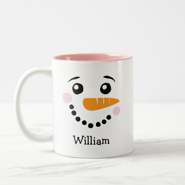 Happy Snowman Face Personalized Name Holiday Two-Tone Coffee Mug (Left)