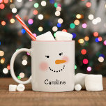 Happy Snowman Face Personalized Name Holiday Two-Tone Coffee Mug<br><div class="desc">Cute holiday coffee or hot cocoa mug features a happy winter snowman (snow lady) girl face with warm rosy cheeks, carrot nose, eyes with pretty eyelashes, and smile made of coal. Snow white, black, pink and orange design colors. Personalize this winter seasonal mug with a first name or other custom...</div>