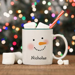 Happy Snowman Face Personalized Name Holiday Two-Tone Coffee Mug<br><div class="desc">Cute holiday coffee / hot cocoa mug features a happy winter snowman face with warm rosy cheeks,  carrot nose,  eyes and smile made of coal. Snow white,  black,  and orange design colors. Personalize with a name or other custom text. The green two-tone coffee mug style can be modified.</div>