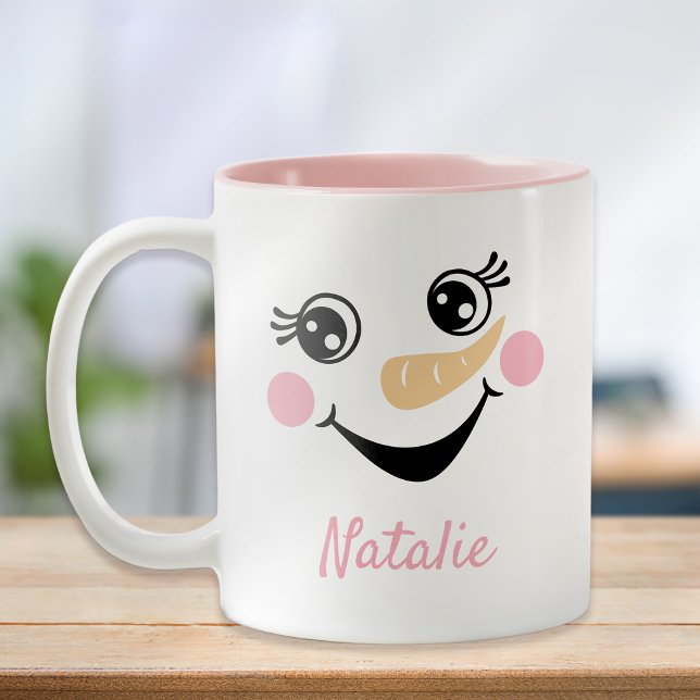 Happy Snowman Face Personalized Name Holiday Two-Tone Coffee Mug (Creator Uploaded)