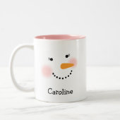Happy Snowman Face Personalized Name Holiday Two-Tone Coffee Mug (Left)