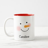 Happy Snowman Face Personalized Name Holiday Two-Tone Coffee Mug (Left)