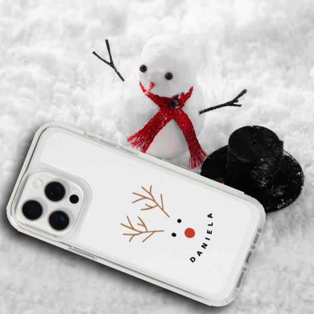 Happy Snowman Face Personalized Text Latte  Speck iPhone Case (#snowman #deer #holiday #Christmas #addname #carrotnose #face #smile #holidayparty #modencase)