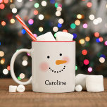 Happy Snowman Face Red Custom Name Two-Tone Coffee Mug<br><div class="desc">A classic snowman face mug with rosy cheeks, a carrot nose, and a dotted coal smile with a personalized name in elegant script. The festive red interior and handle make this the quintessential holiday cocoa companion. Monogram-style name personalization makes it a perfect kids hot cocoa treat, a thoughtful personalized gift...</div>