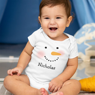 Happy Snowman Face Winter First Birthday Baby Bodysuit