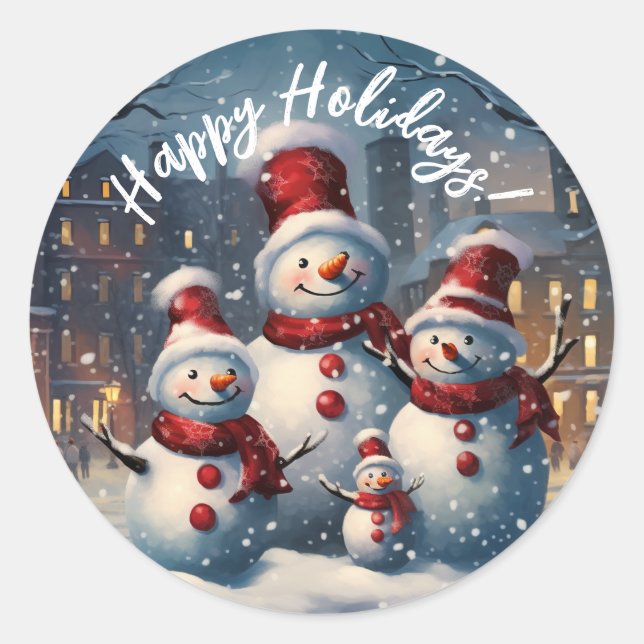 Happy Snowman Family Christmas Classic Round Sticker (Front)