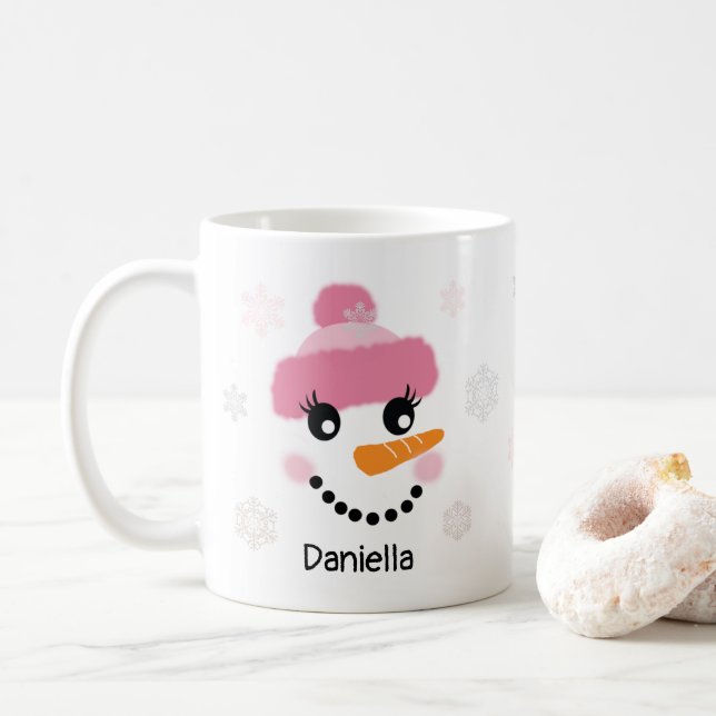 Happy Snowman (Girl) and Snowflakes - Personalized Coffee Mug (With Donut)