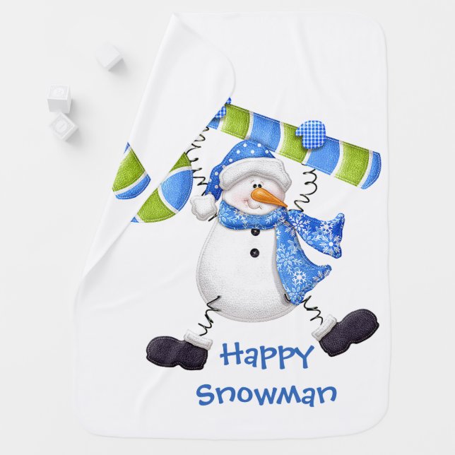 Happy Snowman Green and Blue Baby Blanket (In Situ)