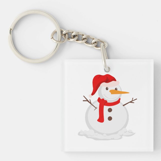 Happy Snowman in a Santa Hat Keychain (Front)