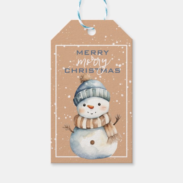 Happy Snowman in Blue Hat Christmas Gift Tag (Front)