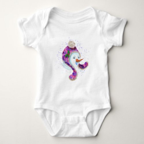 Happy Snowman In Purple Pink Beanie Winter Hat Baby Bodysuit