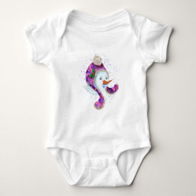 Happy Snowman In Purple Pink Beanie Winter Hat Baby Bodysuit (Front)