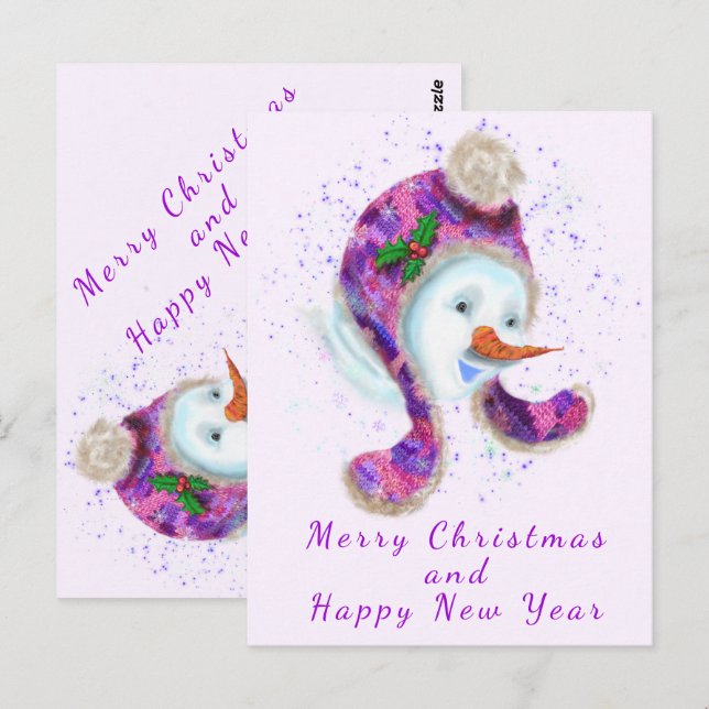 Happy Snowman In Purple Pink Beanie Winter Hat Fun Postcard (Front/Back)