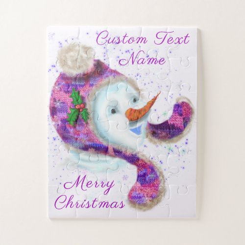 Happy Snowman In Purple PinkWinter Hat _ Your Text Jigsaw Puzzle