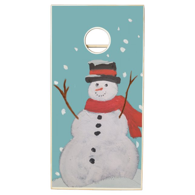 Happy Snowman. Light Blue background. 1st Version Cornhole Set (Left)