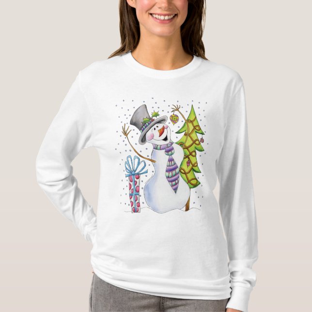 Happy Snowman Long Sleve T - Christmas Jumper T-Shirt (Front)