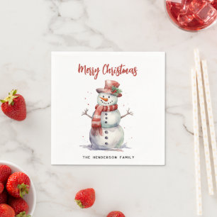 Happy Snowman Merry Christmas Custom Family Name Napkins