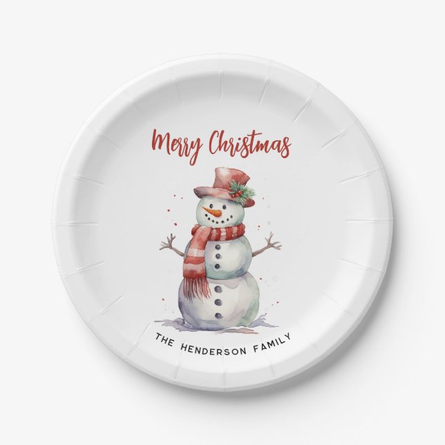 Happy Snowman Merry Christmas Custom Family Name Paper Plates (Front)
