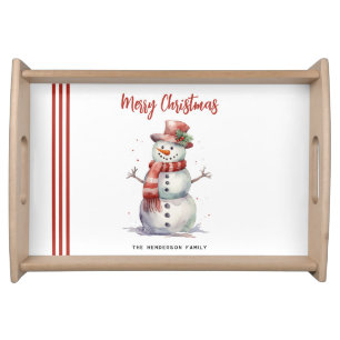 Happy Snowman Merry Christmas Custom Family Name Serving Tray
