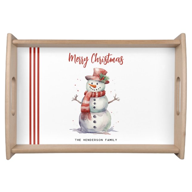 Happy Snowman Merry Christmas Custom Family Name Serving Tray (Front)